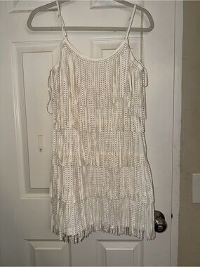 Fringed White Mini Slip Dress with Spaghetti Straps